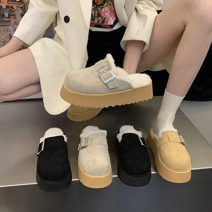 Flats Shoes Fur Women Platform Slippers Winter 2024 New Brand Warm Casual Flip Flops Short Plush English Style Fashion Casual 40