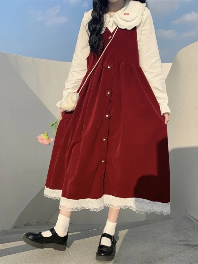 

Japanese Kawaii Dress Women Sweet Preppy Style Peter Pan Collar Lace Patchwork Midi Dress Soft Girl Vintage Casual Long Dress