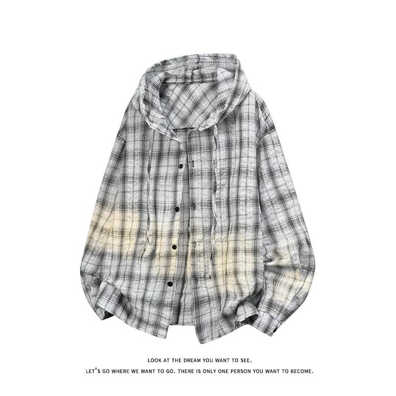 Unisex Plaid Long Sleeve Hooded Shirt Loose Sun Protection Outerwear American Retro Couple's Shirt Jacket Men's Top