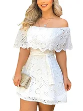  Hollow Out White Dress Women Summer Off Shoulder Lace Up Mini Dress Fashion Lace Splicing Holiday Long Dresses 