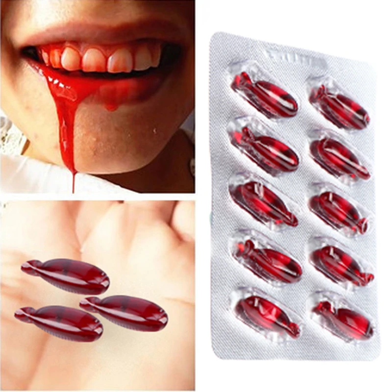 

10Pcs Halloween Realistic Fake Blood Pills for Adults Vampire Capsules Horror Scary Funny Trick Toys April Fools Day Party Props