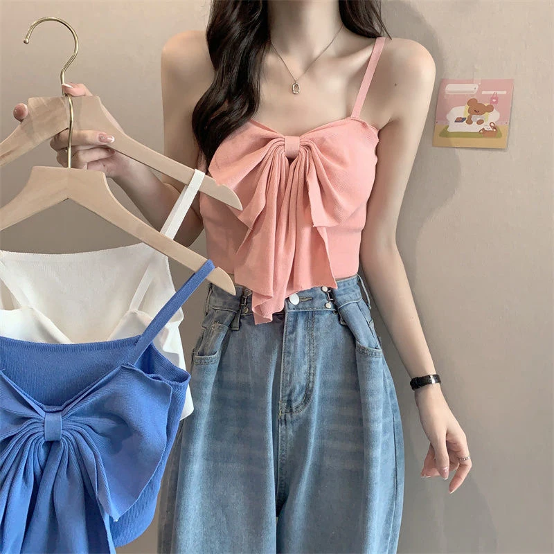 

Women Solid Bow Irreguarl Crop Top Sleeveless Tees Knitted Slim Females Sexy Sweet Chic Slim Basic Kawaii Tanks Streetwear