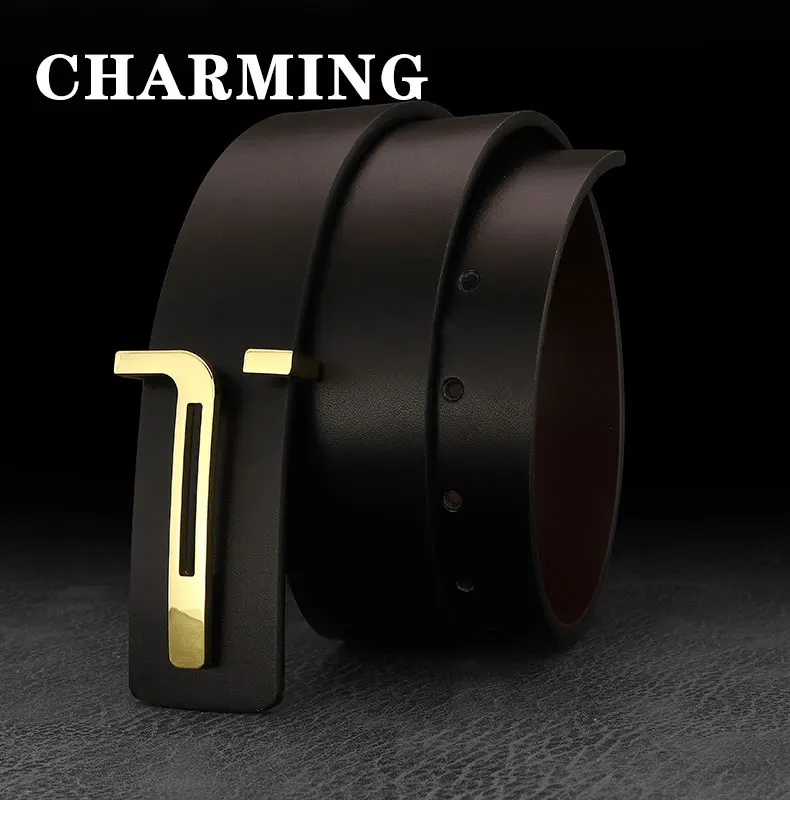 High Quality Casual T Letter Belt Men Leather Smooth Buckle Fashion Personality Belt Young Men Casual Cowhide Ceinture Homme