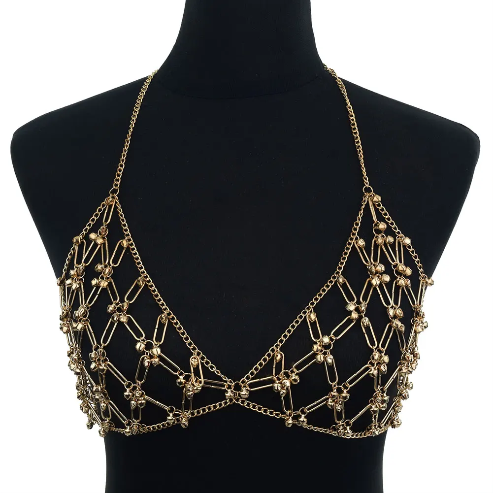 Women Sexy Body Bra Chain Fashion Hollow Bell Decor Crop Top Chain Nightclub Backless Camis Vest Festival Clothing Accessories