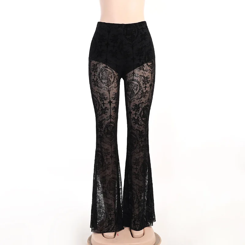 Goth Dark Vintage Flocking Mall Gothic Sexy Flare Pants Grunge See Through Mesh High Waist Women Trousers Punk Slim Alt Clothing 6