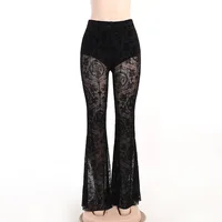 Pantalon évasé Gothique Vintage Sombre pour Femme, en Tissu Floqué et Maille Transparente, Taille Haute, Style Grunge Punk Slim, Vêtement Alternatif Sexy 6