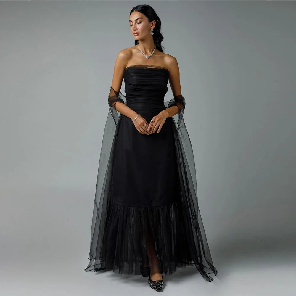 

Simple Prom Dresses Strapless A-line Ankle-Length Solid Color Backless Evening Party with Shawl فساتين للحفلات الراقصة