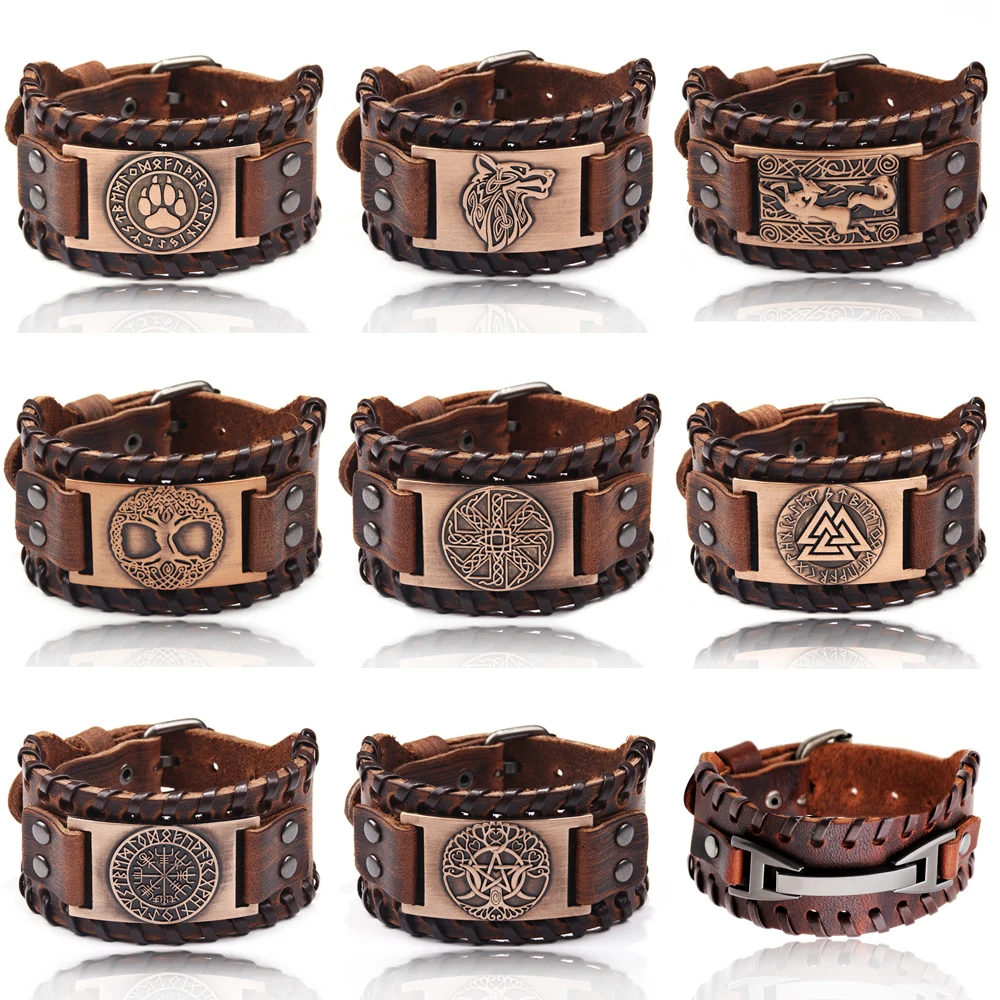 Leather Bracelet Charm Wide Leather Bracelet Men Punk Braided Rope Alloy Cuff Bangle Male Wristband Viking Bracelet