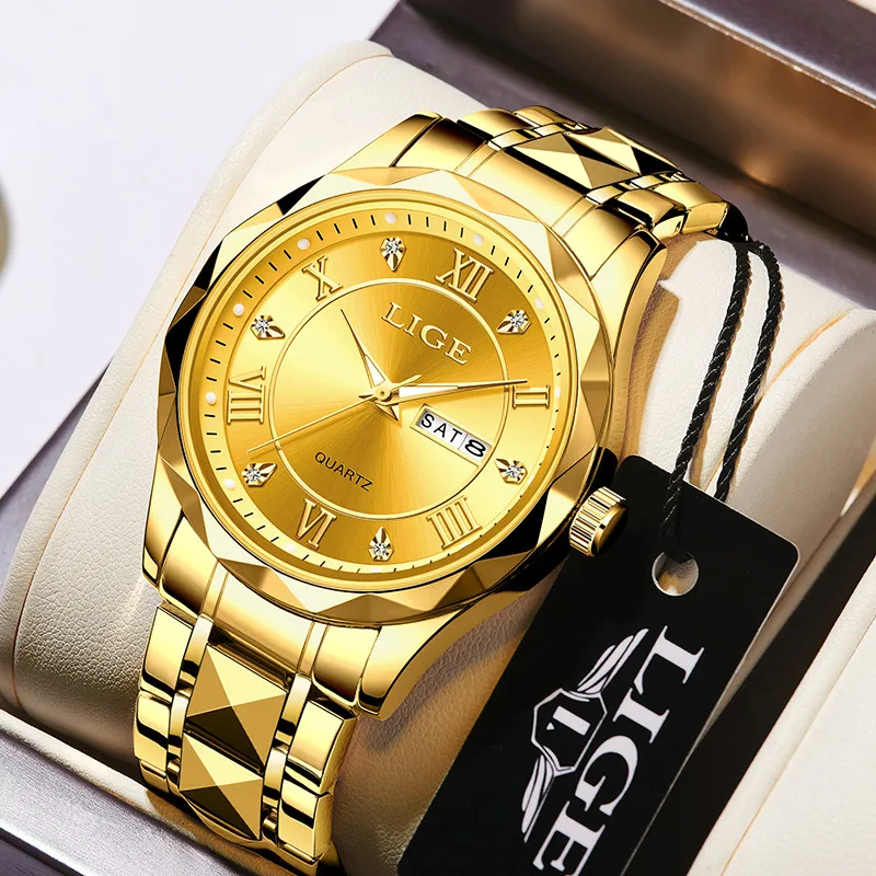 LIGE Ladies Wristwatch Luxury Waterproof Luminous Date Gold Watch For Women Dress Stainless Steel Quartz Women's Watches+Box