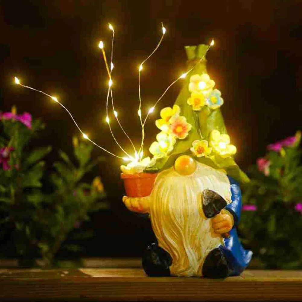 Garden Gnome Statues with Solar LED String Light Resin Crafts Garden Decor Resin Gnome Figurine Gifts for Housewarming Festival 4