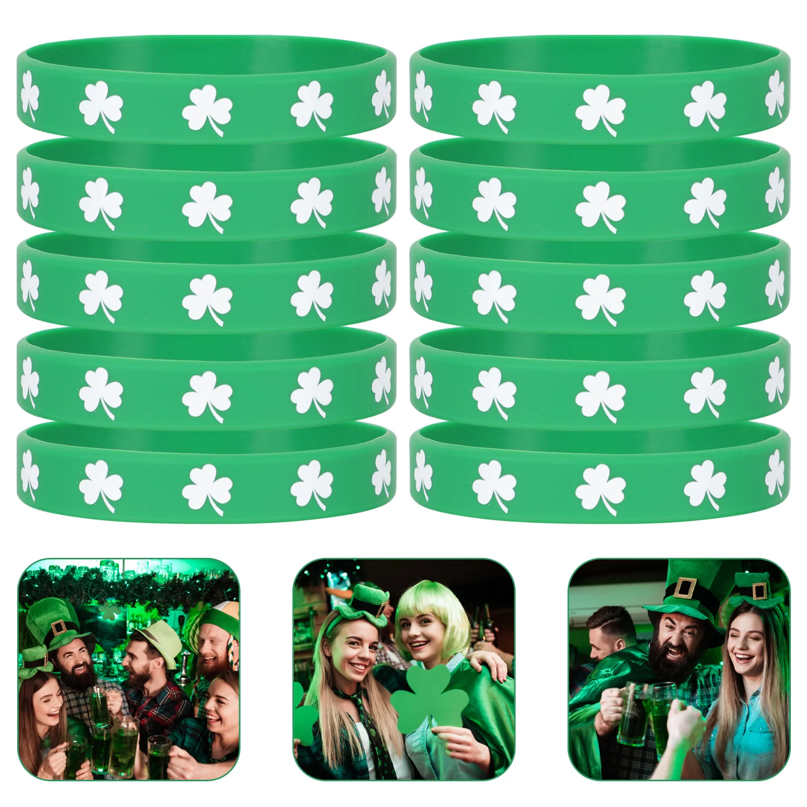 

St. Patricks Day Silicone Shamrock Wristbands Elastic Clover Printing Bracelets Irish Party Hand Decoration