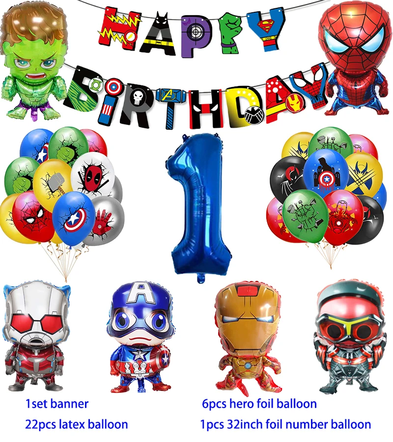 thumbnail image 1 of Decoración para fiesta de cumpleaños de superhéroes Globo de Los Vengadores Spiderman Iron Man Hulk Suministros para fiesta Vajilla Banner Telón de fondo, 1 of 5