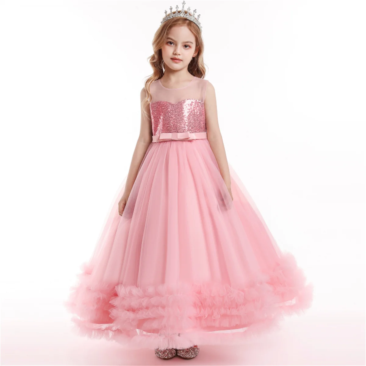 Elegant Pink Lace Mesh Flower Girl Dress - Princess Style Party & Wedding Attire