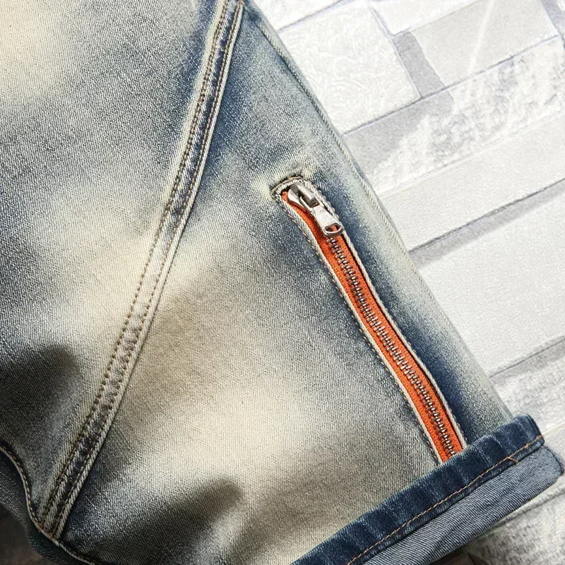 Denim Shorts Summer Jeans Shorts Summer Men's Stretch Denim Shorts Retro High Street Style Old Slim Fit Short Jeans Splicing Design 98% Cotton