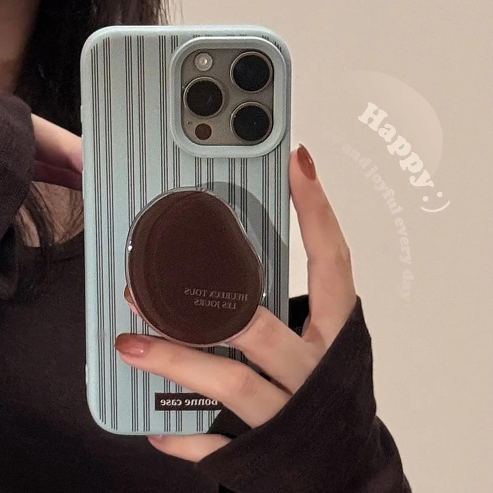Vintage Blue Phone Case with Brown Vertical Stripes and Coffee Bean Holder