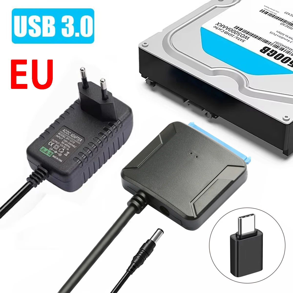 Cable adaptador convertidor USB 3.0 a SATA 3, cable convertidor de disco duro USB 3.0 para Samsung, Seagate, WD, HDD y SSD de 2.5 y 3.5 pulgadas.