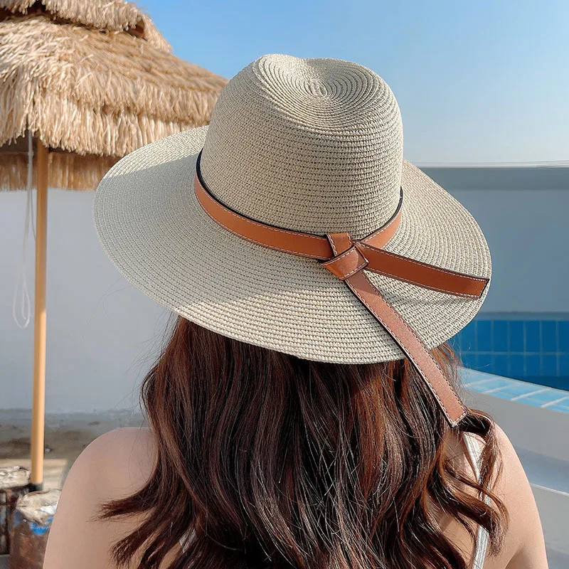 

Summer New Fashion Casual Sun Hat Women Travel Holiday Jazz Hat Seaside Beach Hat Belt Decoration Wide Brim Panama Straw Hat