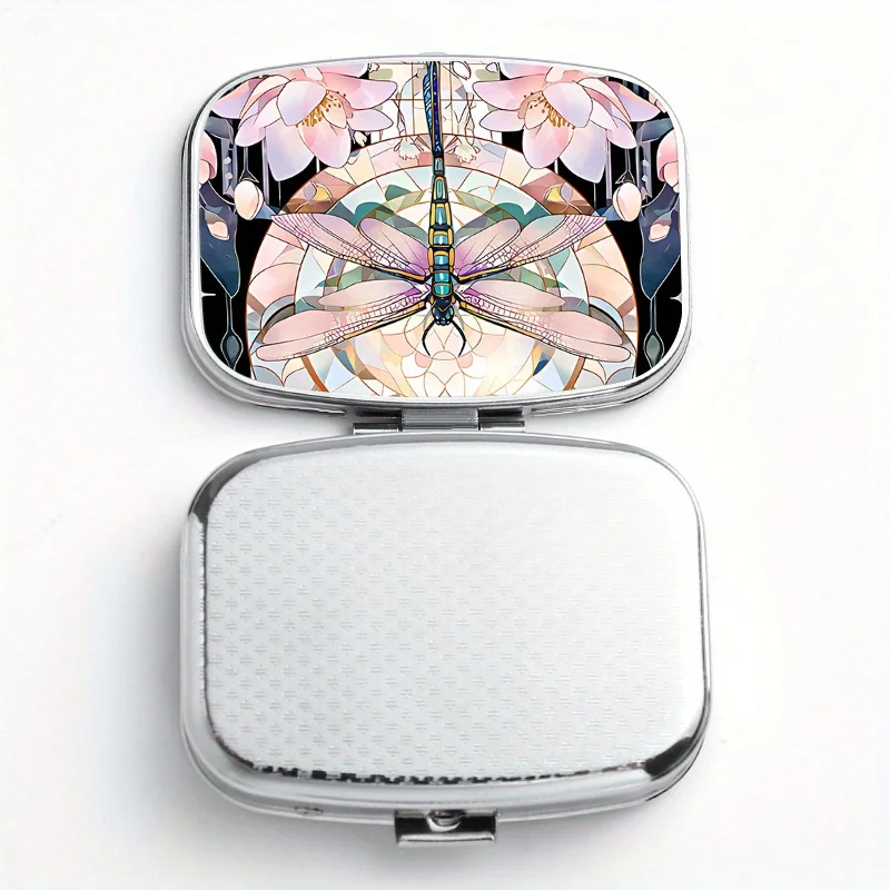 Square Medicine Box Dreamy Dragonfly Design 2-compartment Pill Organizer Stylish Metal Container Personal Medication