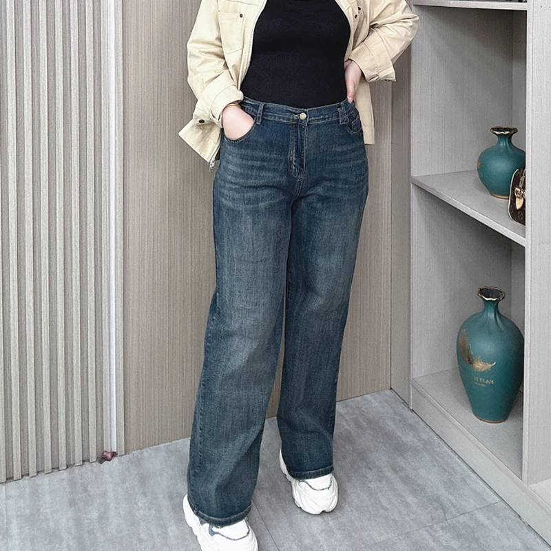 Women's High Waist Straight Jeans, Female Loose Stretched Denim, Casual Wide Leg Pants, Plus Size, Spring, Autumn, New