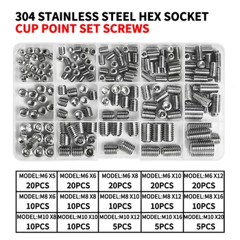 304 Stainless Steel Cup Point Set Screws Kit, Hex Socket Allen Key Grub Screws Assortment , M3 M4 M5 M6 M8 M10 Sizes, DIN 916