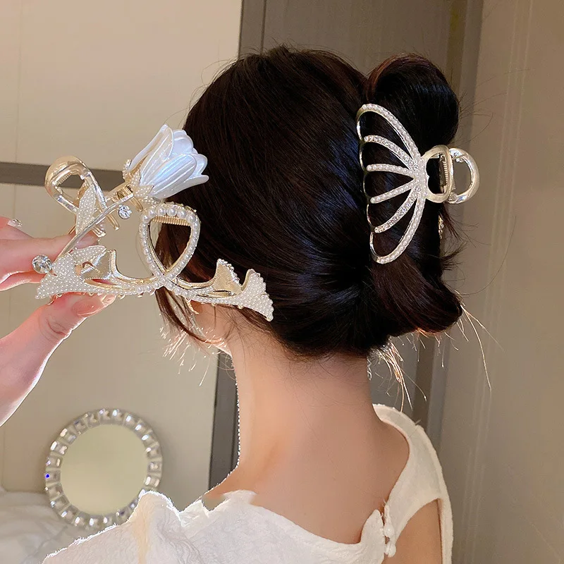 

New Pearl ginkgo biloba butterfly tulip hair clip shark clip plate hair grasp clip elegant temperament hair accessories female