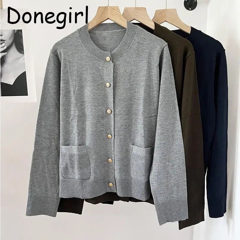 

Donegirl 2023 New Autumn Women Round Neck Knitted Sweater Short Coat Single-breasted Cardigans Solid Simple Commute Tops Chic