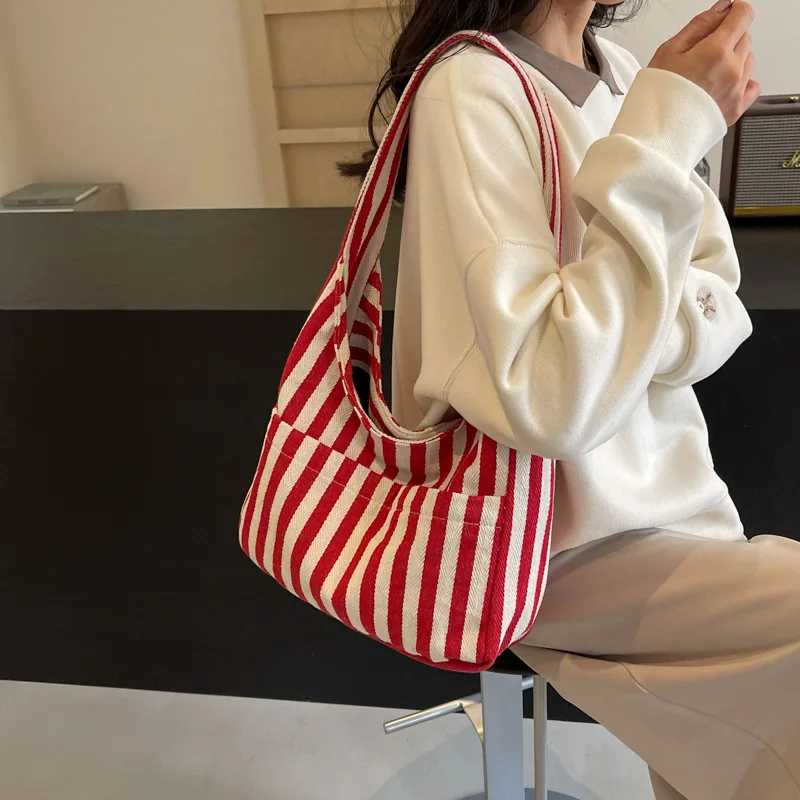 Small Fresh Striped Handbag Shoulder Large Capacity Leisure Tote Bag Female And Girl Bucket Crossbody Shopping Bag