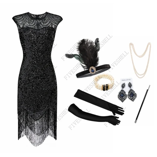 2023 New Spring 1920s Flapper Dress Great Gatsby Party Evening Sequins  Fringed Dresses Gown Dress with 20s Accessories 6-PCS Set - AliExpress