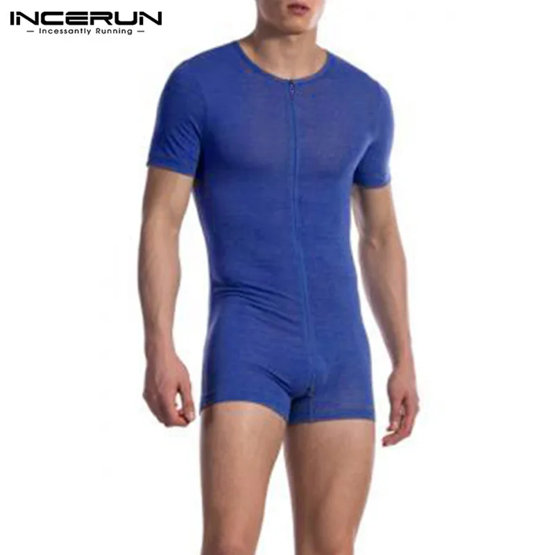 Men Bodysuits INCERUN Men Pajamas Rompers Solid Short Sleeve V Neck Zipper Cozy Sleepwear Playsuits Fitness Leisure Men Jumpsuit Homewear