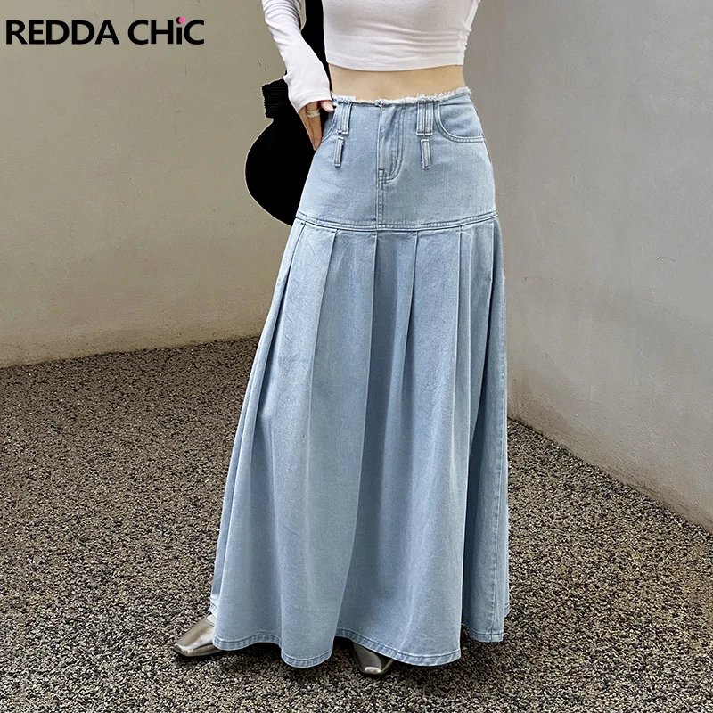 Reddachic Tall Girl Friendly High Waist Denim Pleated Skirt Blue Y2k
