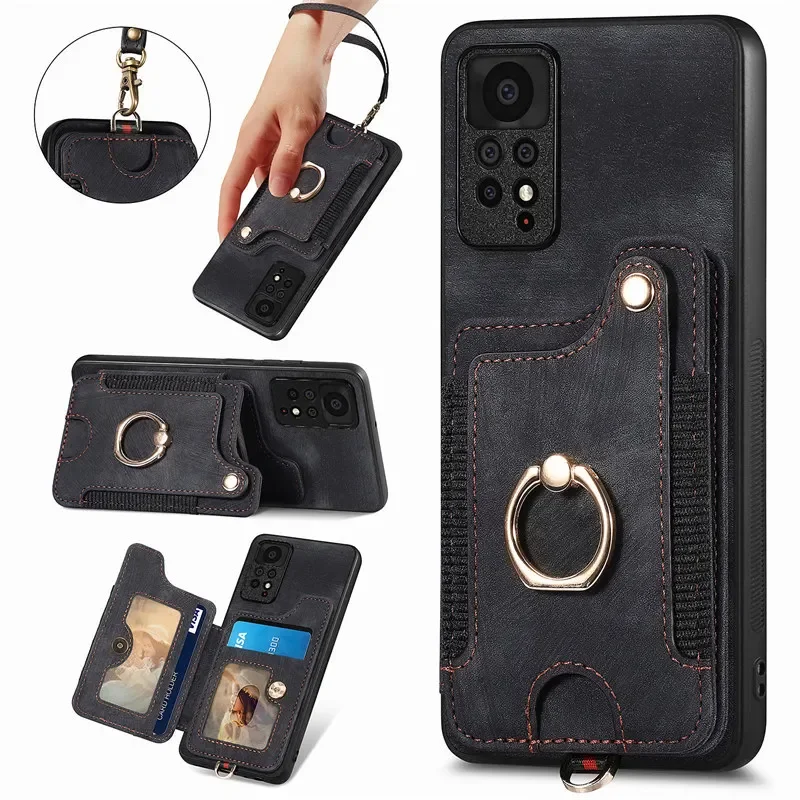 Leather Flip Phone Case with Ring Holder and RFID Wallet Card Strap Cover