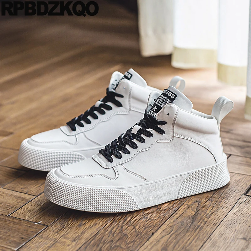 

Flats Skate Shoes Boots Thick Lace Up Cow Leather Athletic High Sole Trainers Rubber Sneakers Sport Men Top Flatforms Booties