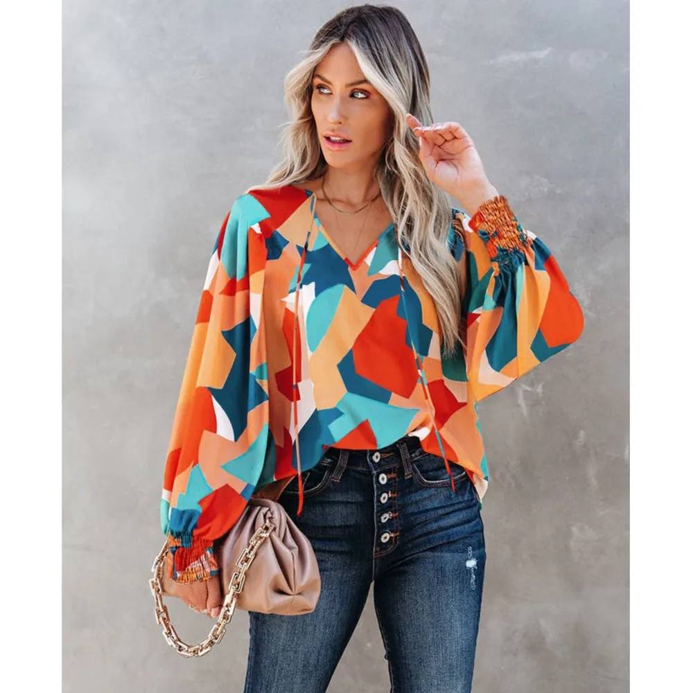 

Geometric Print Loose Casual Blouses & Shirts Women 2024 Spring New V-neck Lace Up Lantern Sleeve Pullover Female Vacation Tops