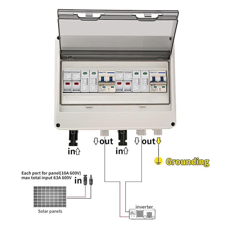 XIONGISolar photovoltaic PV Combiner Box With Lightning Protection 2 input 2 out DC 600V MCB SPD 1000V Waterproof IP65