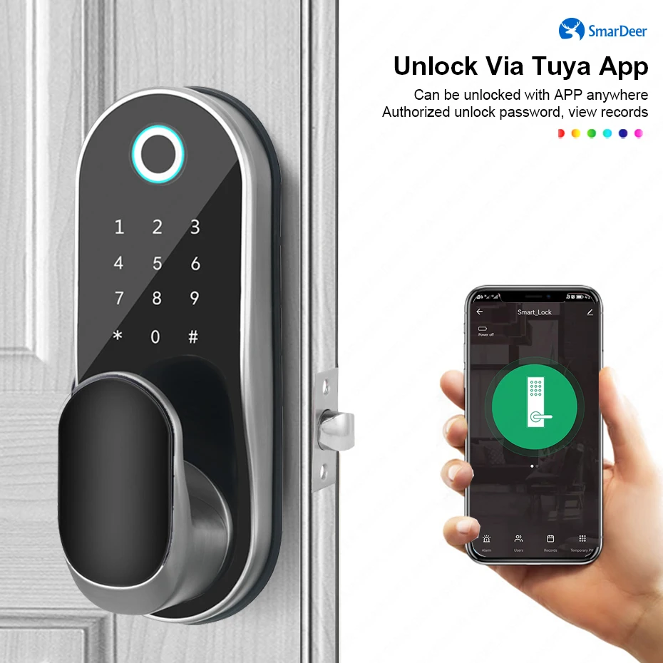 SmarDeer Electronic Lock for Tuya Smart Door Lock with WiFi Fingerprint/smart card/password/key/App unlock Keyless entry access control systems