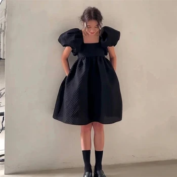 ZHUISHU Square Neck Black Short Korea Wedding Dresses Photos Shoot Customized Draped Short Puff Sleeve Outfit Bride Party Dresse 1