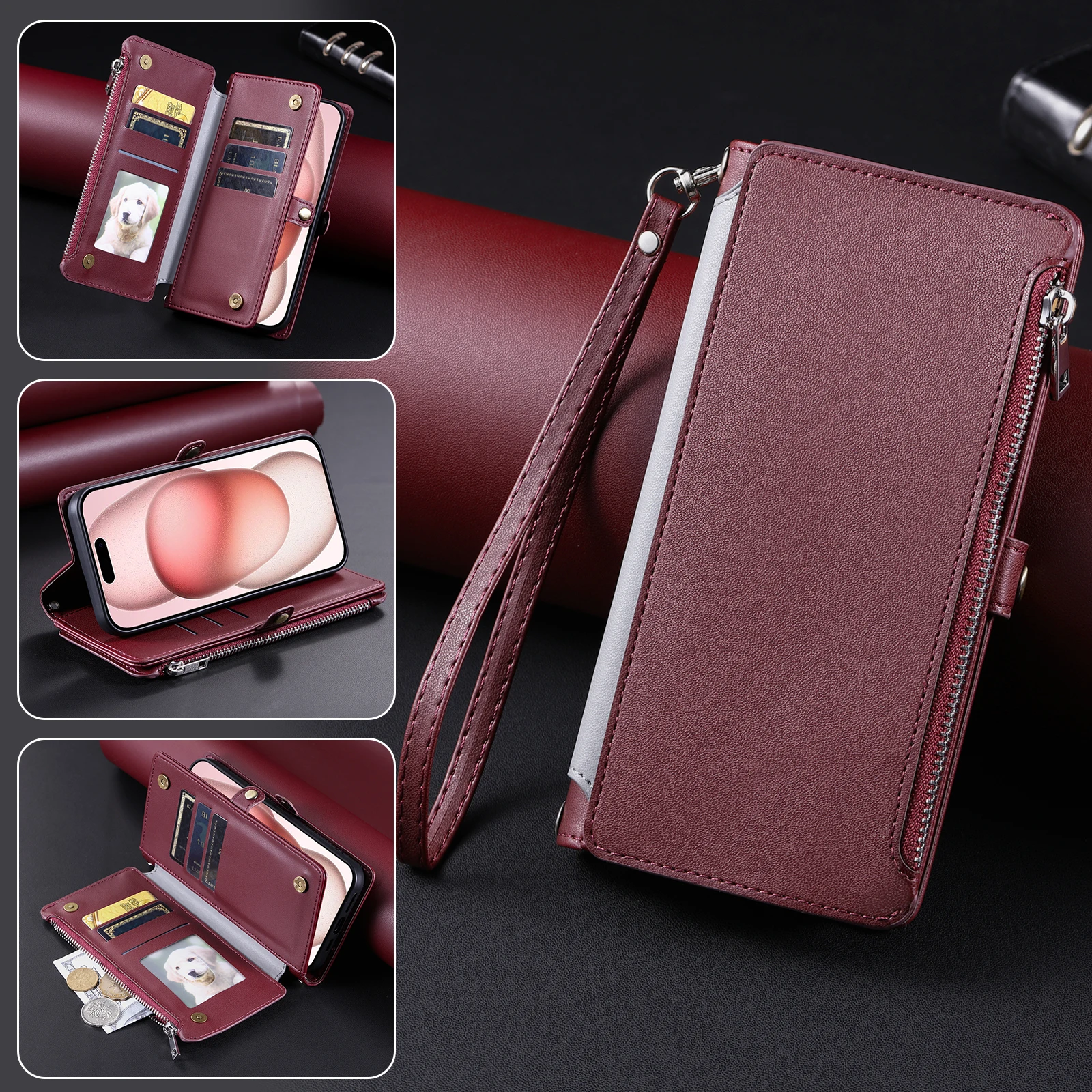 Zipper Wallet Flip Case with Card Slots and Strap - Premium Back Cover