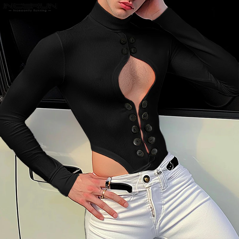 Men Bodysuits Jumpsuit American Style Hollowed Button