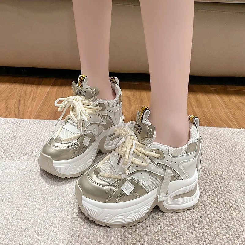 12CM Women Platform Sneakers 2024 Summer Breathable Mesh
