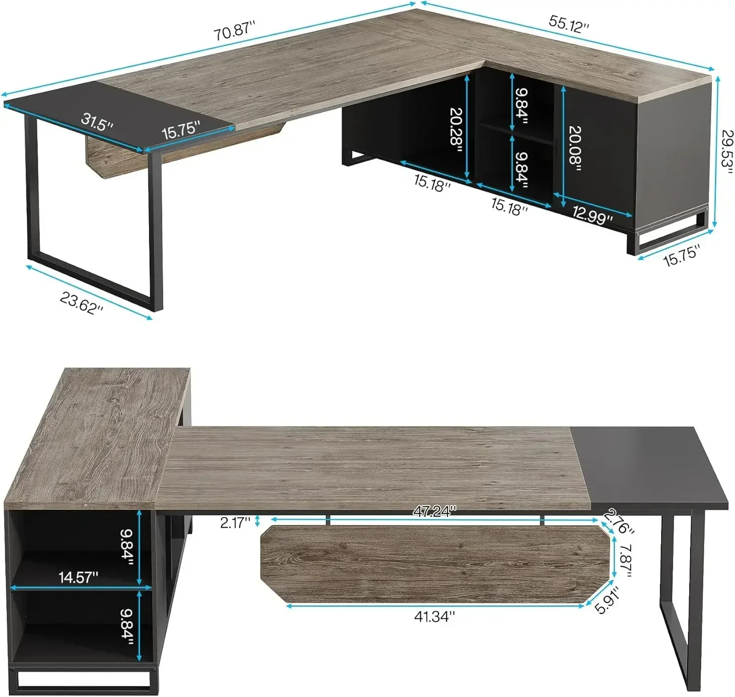 NEW-70.8" Executive Desk with 55" File Cabinet, Industrial L Shaped Computer Desk with Storage Shelves and Cabinet, Retro Gray&B