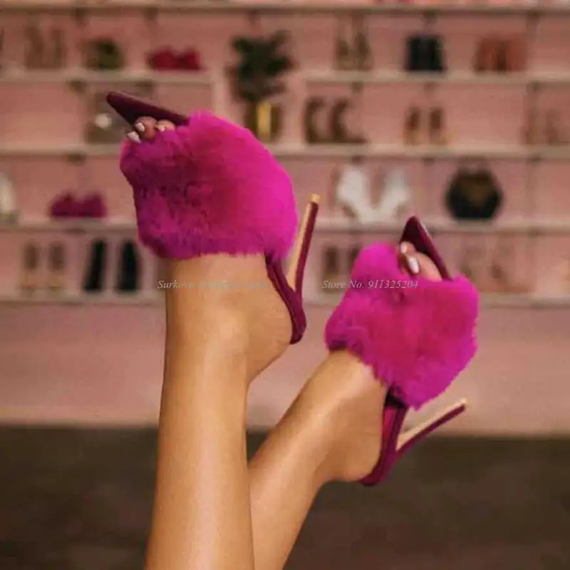 

Surkova Pink Fur Sweet High Heel Slippers Women Luxury Fur Embellished Pointed Open Toe Summer Dress Shoes Stilettos Wedding