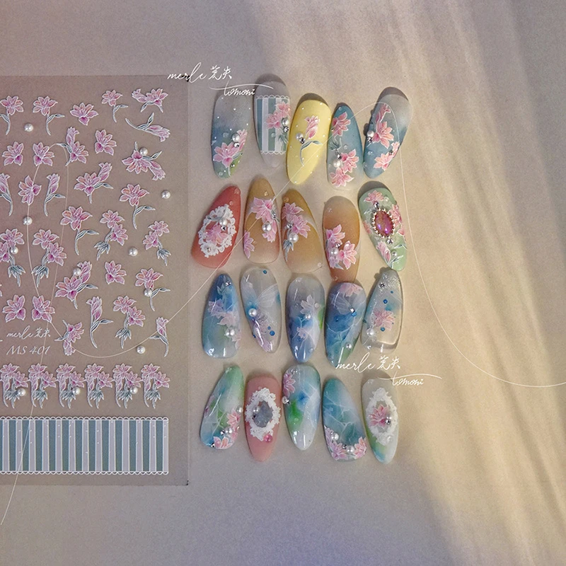 Flash Laser Lotus Flower Inlay White Pearl/Diamond 5D Crystal Diamond Nail Stickers Nail Art Decal Design Manicure Tool