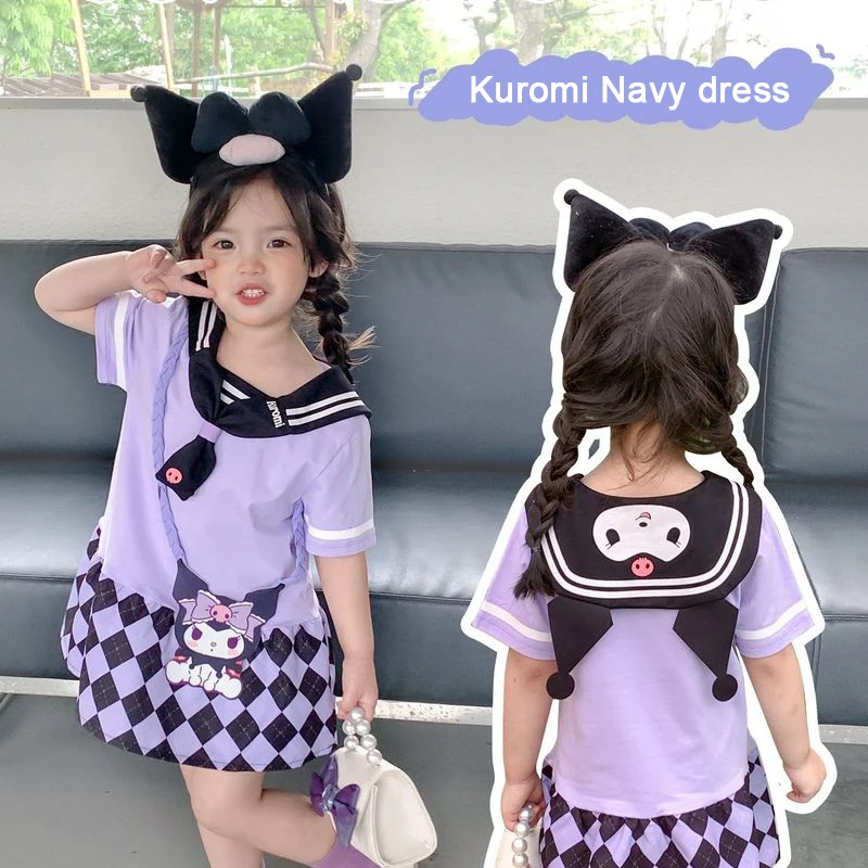 

Sanrio Kuromi Girls' Dress Summer Baby Purple Navy Lapel Children's Fun Cartoon Color Combination Casual Dress