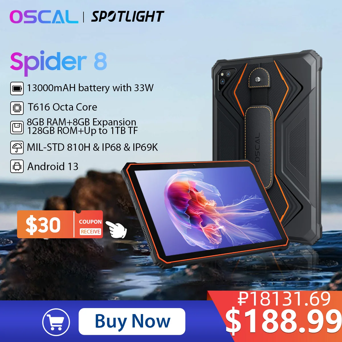 OSCAL 스파이더 8 견고한 태블릿 PC, 10.1 인치 FHD 디스플레이, 안드로이드 13, T616, 16GB, 128GB, PC13000mAh, 33W, 월드 프리미어