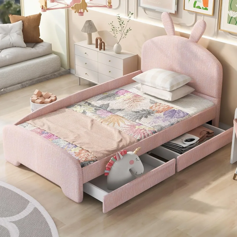 

Children's bed frame, double bed soft cushion platform cartoon ear shaped headboard and 2 drawers, guardrail, wooden bed frame