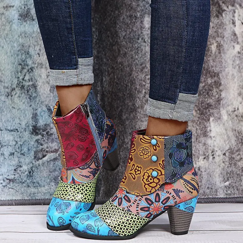 Women's Boots Large Size Increase Fashion Ethnic Style Casual Fashion Retro Stitching High-heeled Short Leather Boots All-match