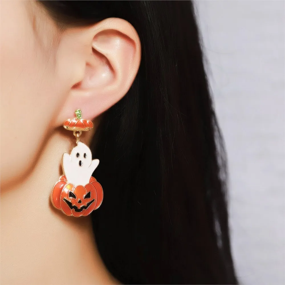 Halloween Ghost Pumpkin Stud Earrings for Women Shiny Zircon Dangle Earring Party Jewelry Gifts