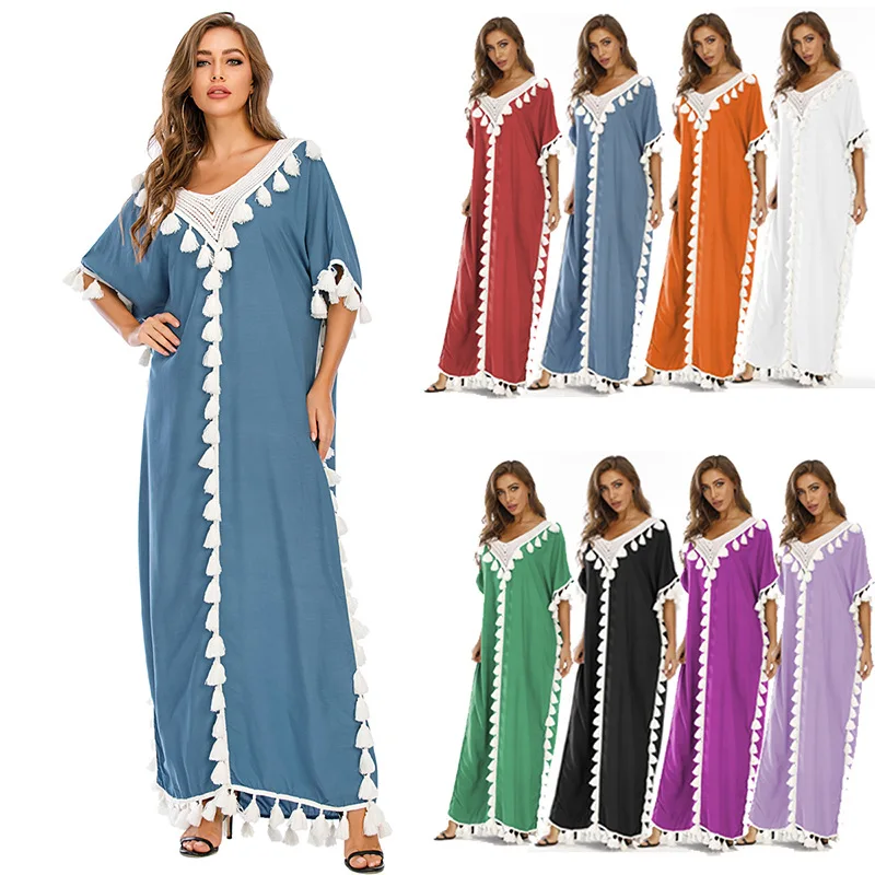 Islam Abaya Dress Women Boho Summer Tassel Moroccan Kaftan Islam Clothing India Ropa Long Robes Evening Gown