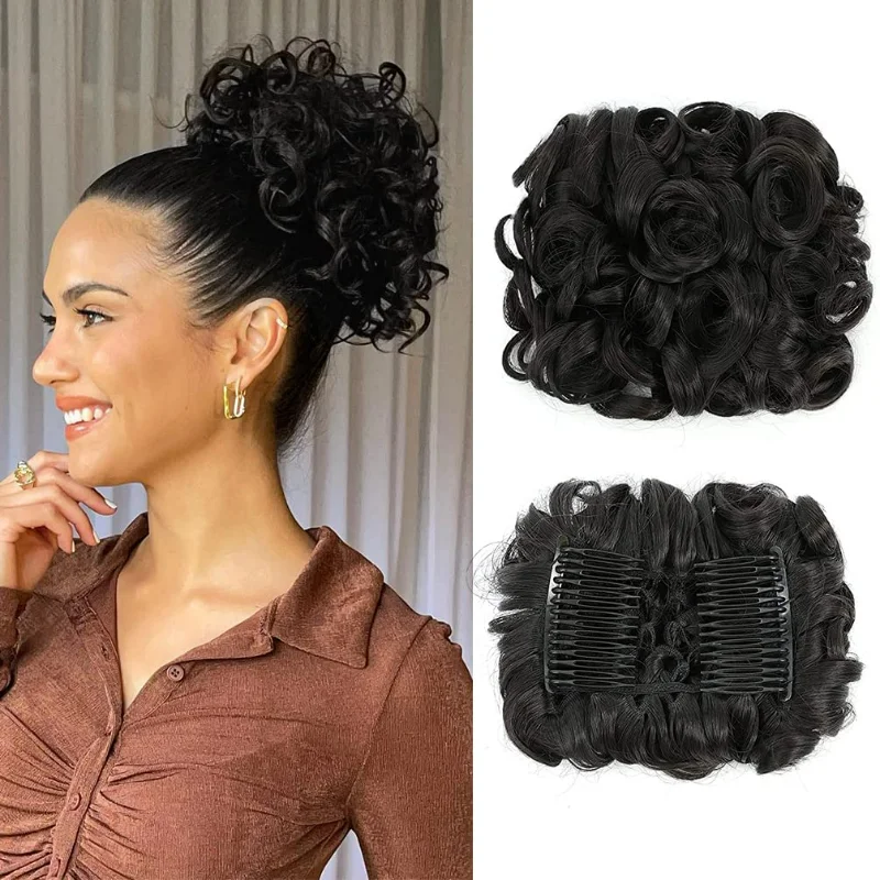 short disheveled curly bun hair extension with easy to stretch comb trayponytail braid for women and girls