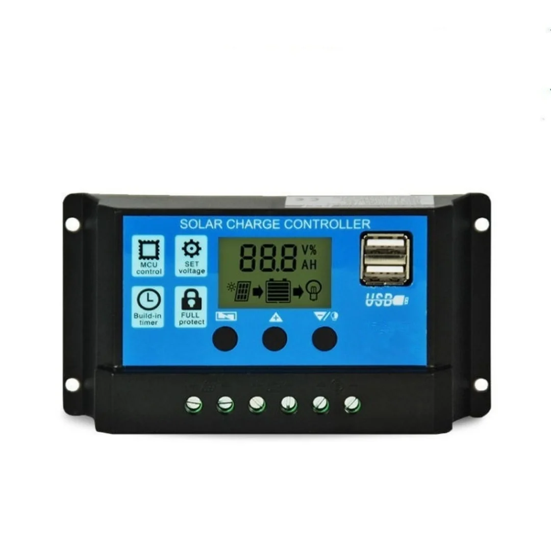 Solar Charge Controller 10A/30A Solar Charge Controller 12V24V Dual USB 5V Output Solar Panel PV Regulator with Optical Control Timing Function
